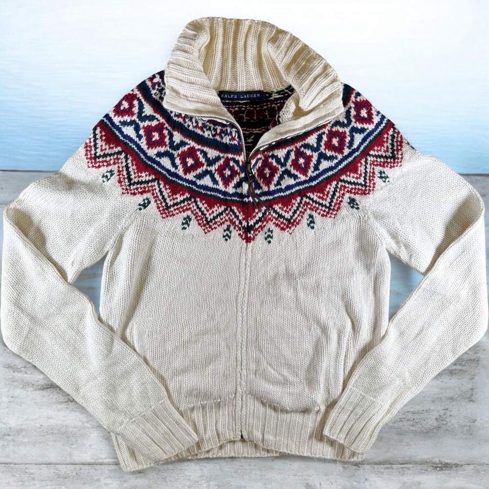 Ralph Lauren Fair Isle Nordic Full Zip Cardigan Sweater Size Medium Cream Knit‎